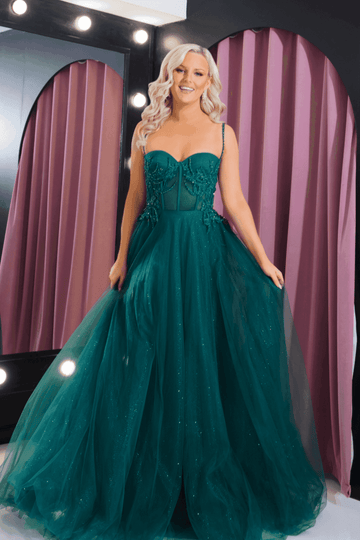 Lulu green tulle dress with corset bodice and full glitter skirt, featuring floral appliqué and sweetheart neckline for prom 2025.