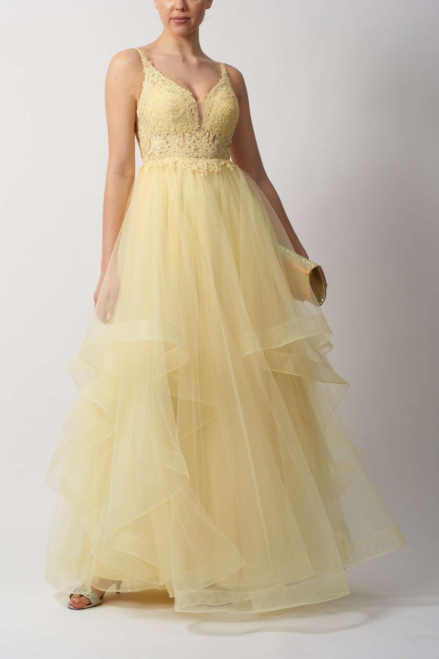 Double Tulle Blue Gown - Mascara MC12515 in soft yellow with lace bodice and layered tulle skirt, ideal for prom or bridesmaid wear.