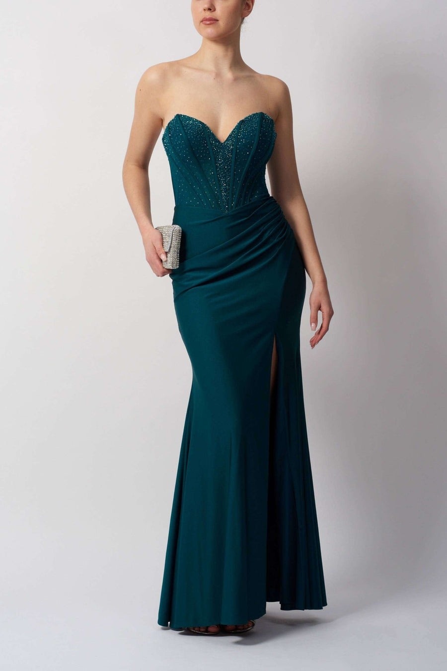 Petrol Blue Corset Dress - Prom | Fitted, Jewel-Tone Design with sweetheart neckline, thigh-high slit, and ruched waist for elegant evening wear.