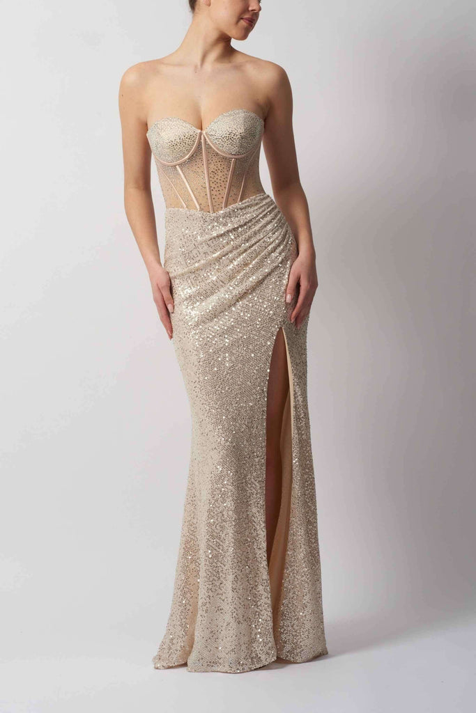 Front view of Mascara MC12443 Silver Sequin Corset Gown featuring a strapless sweetheart neckline, sheer boned bodice, and thigh-high slit.