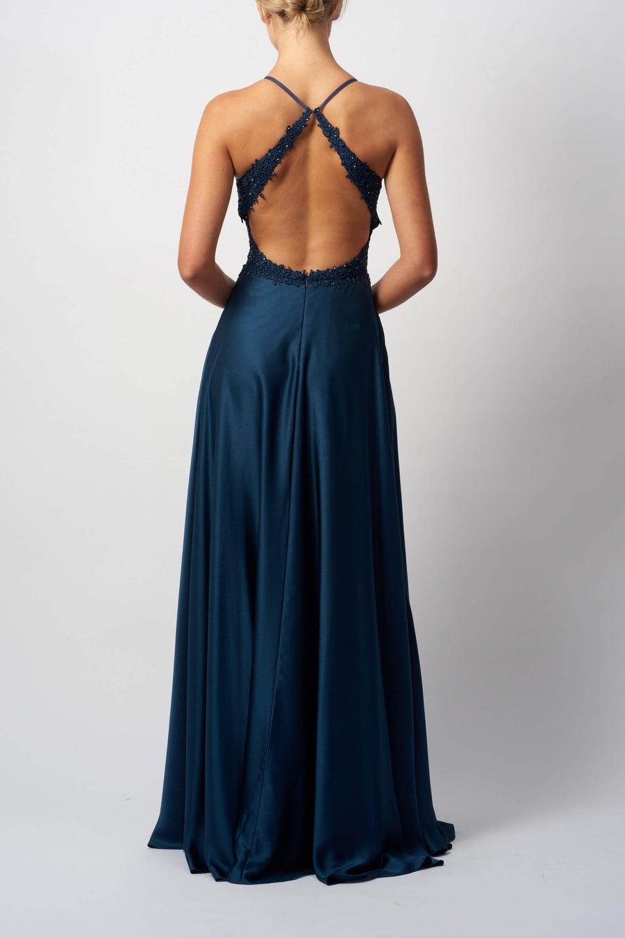 Airforce Blue Prom Dress MC122027 with open back and full satin skirt, featuring lace trim and crisscross straps by Mascara London.