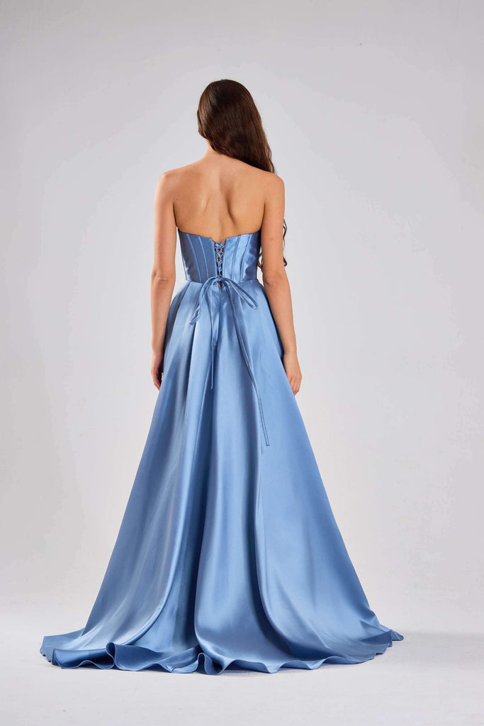 Close-up of Jessica Stuart Steele Blue Pearl Evening Gown showing detailed pearl bodice and structured satin corset, perfect for red carpet looks.