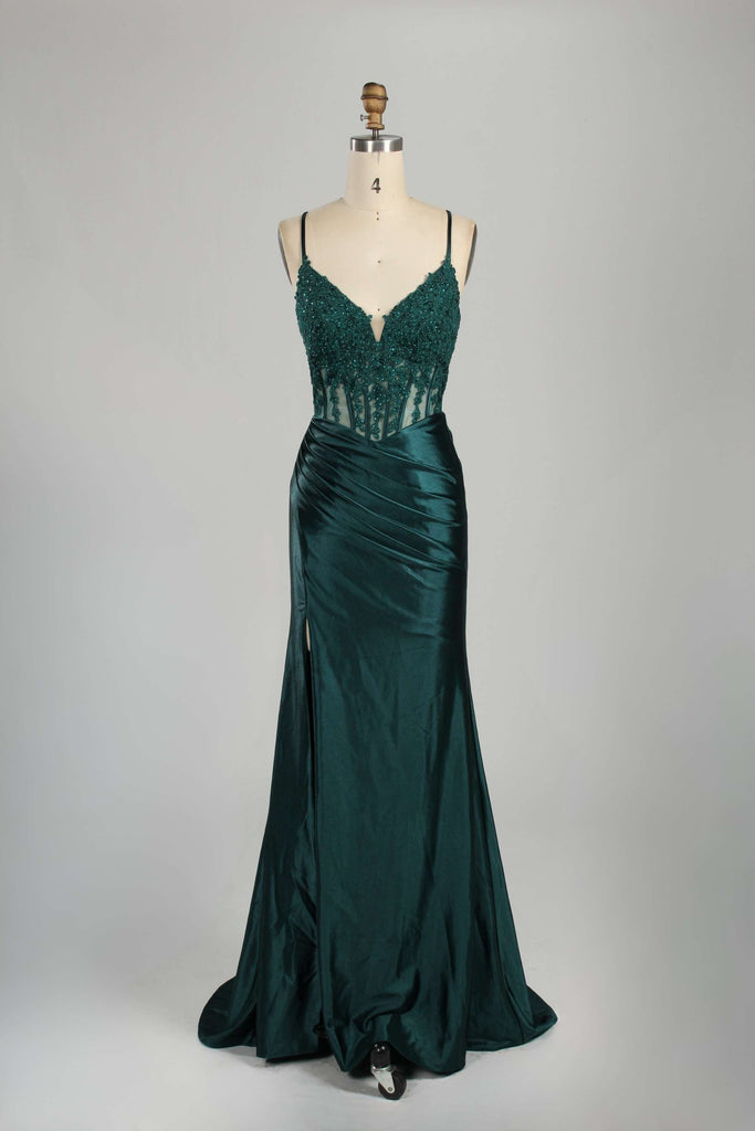 Front view of Blake Dark Teal Satin Prom Dress by Jessica Stuart featuring a corset bodice with lace detailing and a thigh-high slit. Ideal for prom or evening events.