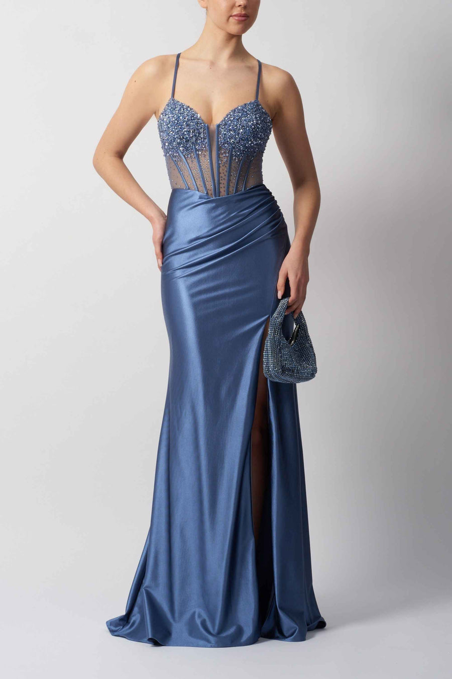Mascara MC124424 Airforce Blue Tie Back Prom Dress with sweetheart bodice, beaded detailing, satin finish, and thigh-high slit for formal events.