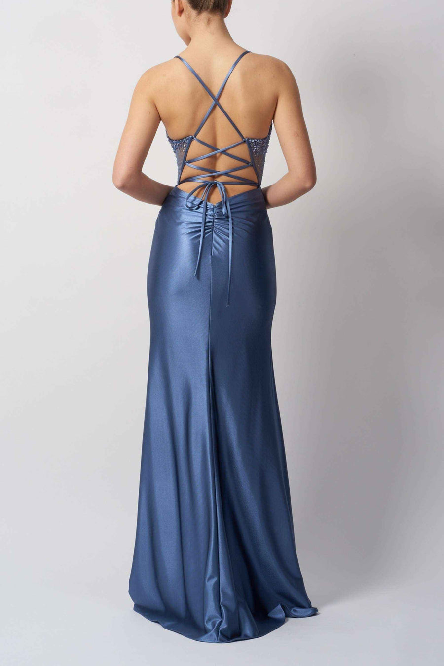 Back view of Mascara MC124424 Airforce Blue Prom Dress featuring lace-up tie back design and ruched satin skirt for a glamorous evening look.