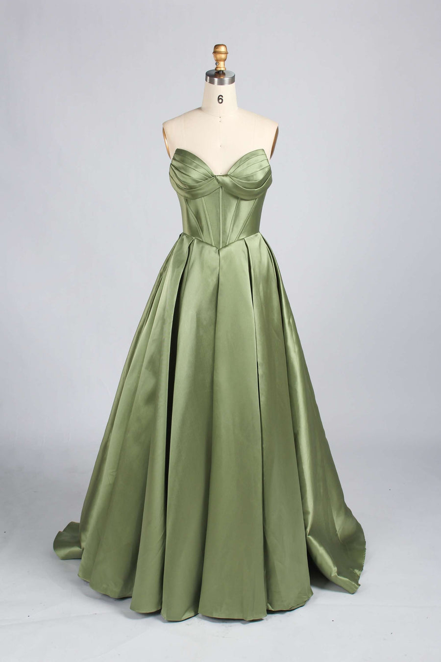 Jessica Stuart Sage Satin Strapless Phoebe Prom Gown 33213B with sweetheart neckline and pleated full-length skirt, perfect for formal events.