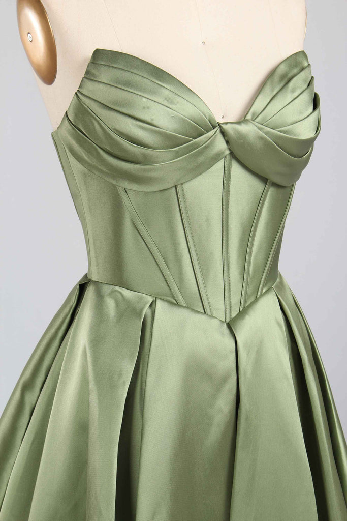 Close-up of Jessica Stuart Sage Satin Strapless Phoebe Prom Gown 33213B showing structured bodice with draped detailing and elegant satin finish.