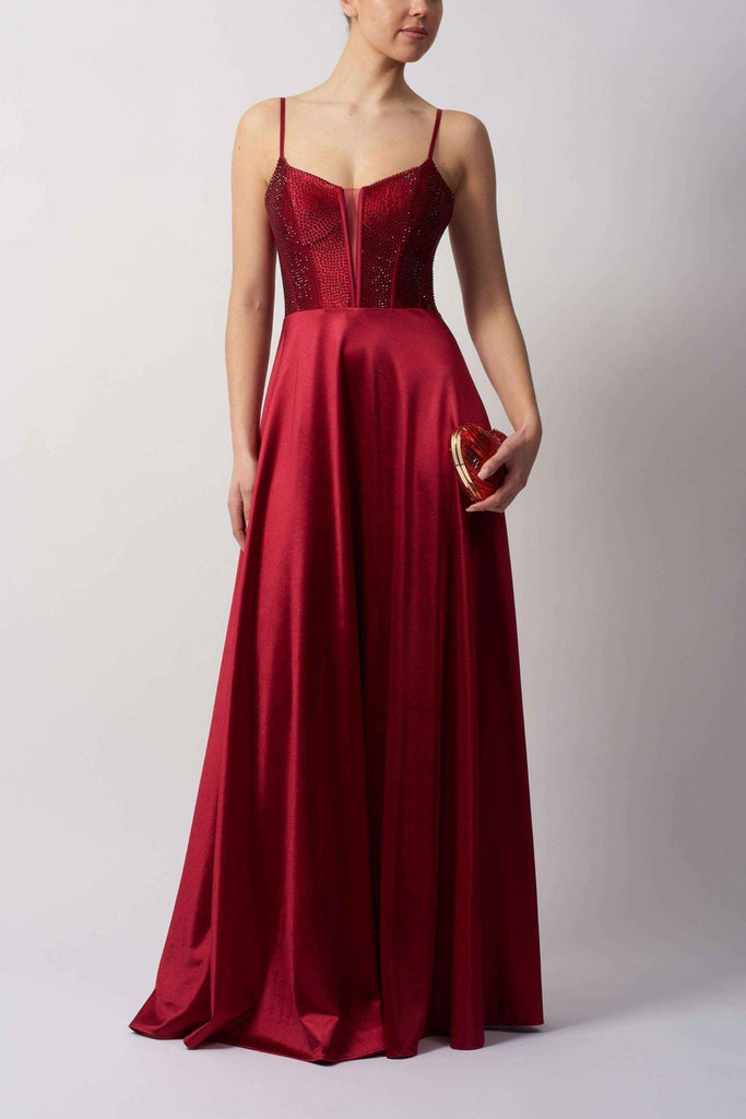 Hot Fix Forest Green Gown in jersey fabric with sparkling embellishments, A-line silhouette, and spaghetti straps, ideal for prom or evening events.