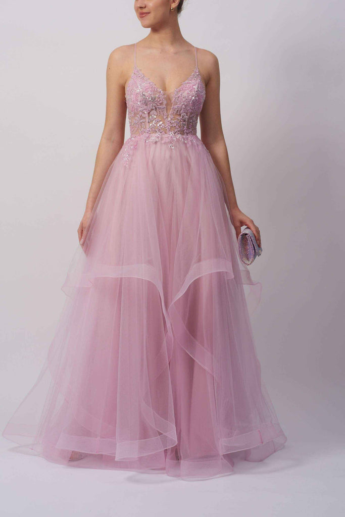 Front view of Mascara MC11341 Pink Tulle Evening Dress featuring sequin lace bodice, plunging neckline, and flowing layered tulle skirt.