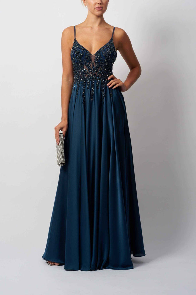 Airforce Blue Satin Prom Dress - Mascara London MC122038 with beaded bodice, sequin and crystal embellishments, ideal for formal events.