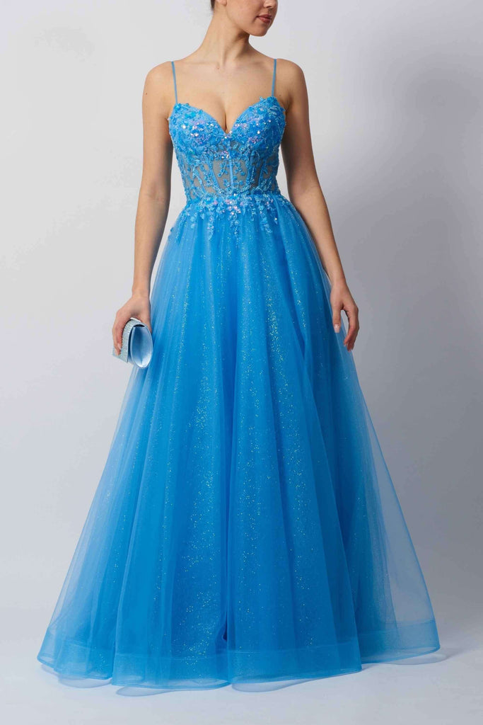 MC11348 Powder Blue Gown with beaded bodice and glitter tulle skirt, ideal for prom, gala, or red carpet events in elegant eveningwear style.