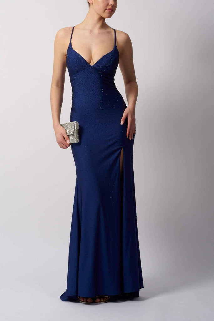 Navy Blue Fitted Prom Dress - Mascara MC11448 with V-neckline, thigh-high slit, and subtle embellishments, ideal for formal occasions.