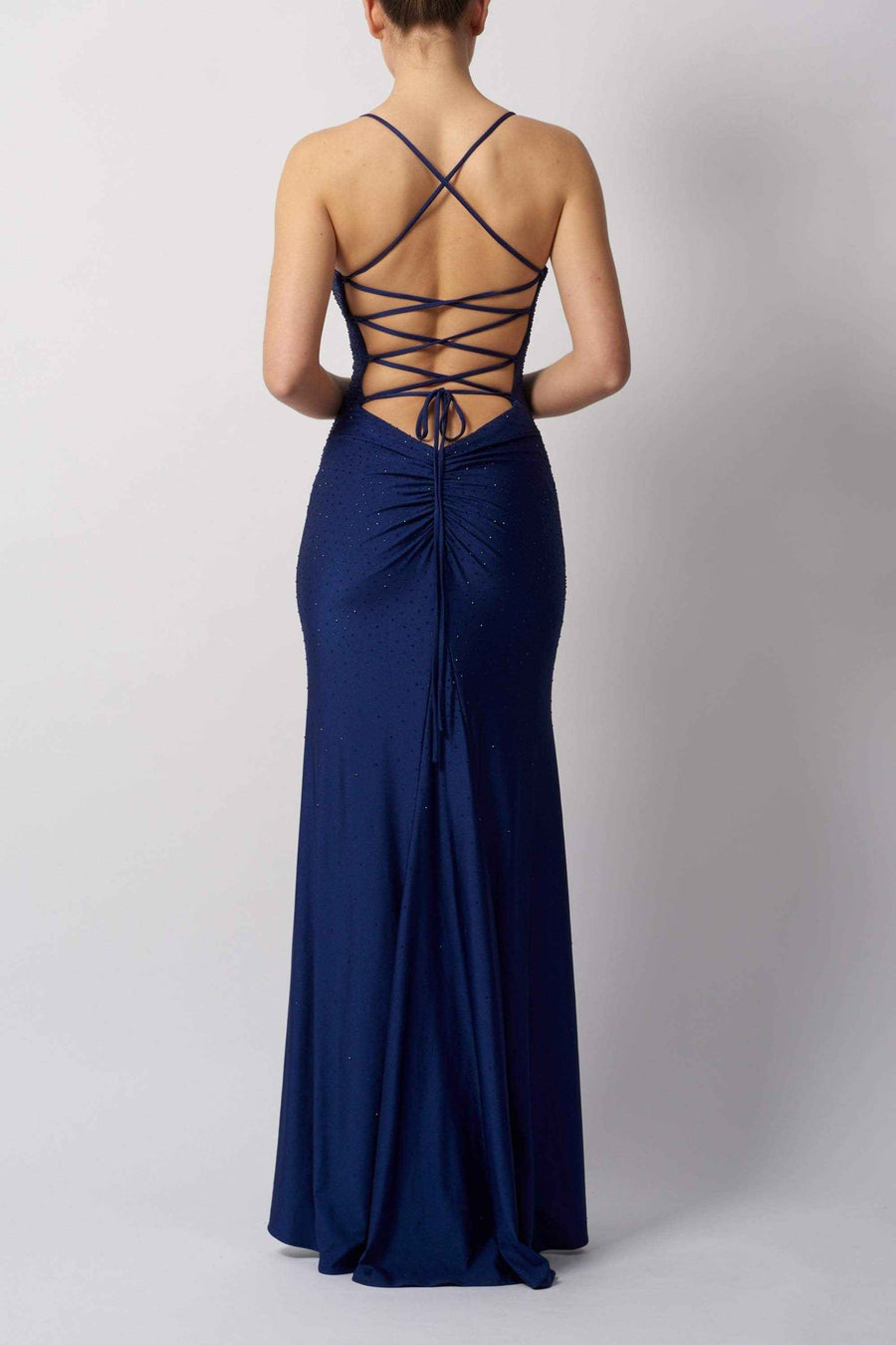 Back view of Navy Blue Fitted Prom Dress - Mascara MC11448 featuring open back with lace-up detail and ruched design for a flattering silhouette.