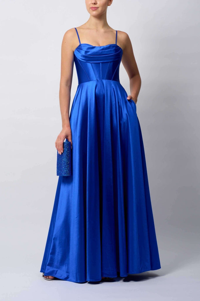 Mascara MC12429 Prom Dress in royal blue satin with A-line silhouette, cowl neckline, and hidden pockets, ideal for prom or evening events.