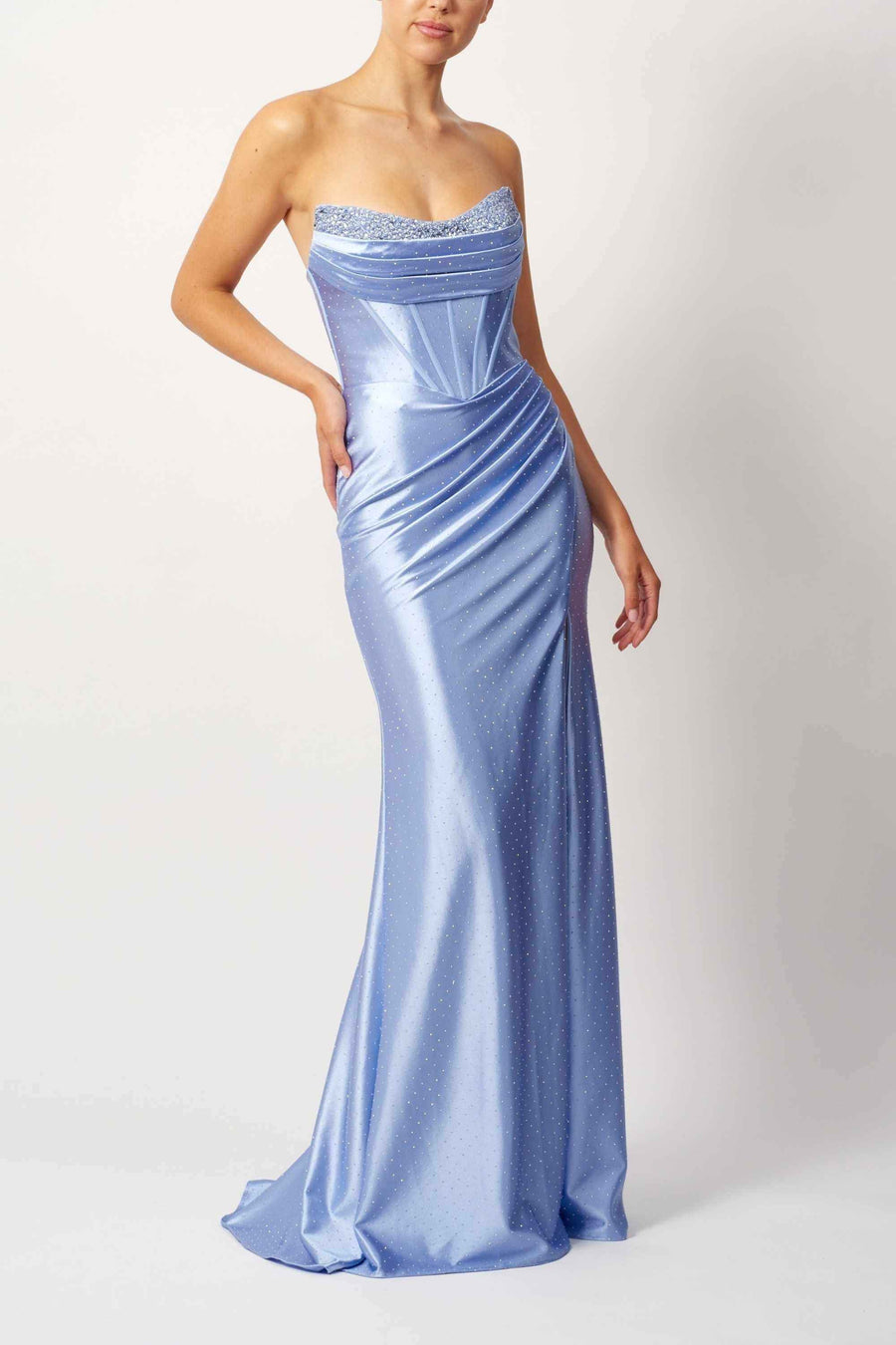 Baby Blue Beaded Satin Gown featuring a strapless sweetheart neckline, ruched waist detail, and shimmering embellishments for elegant evening wear.
