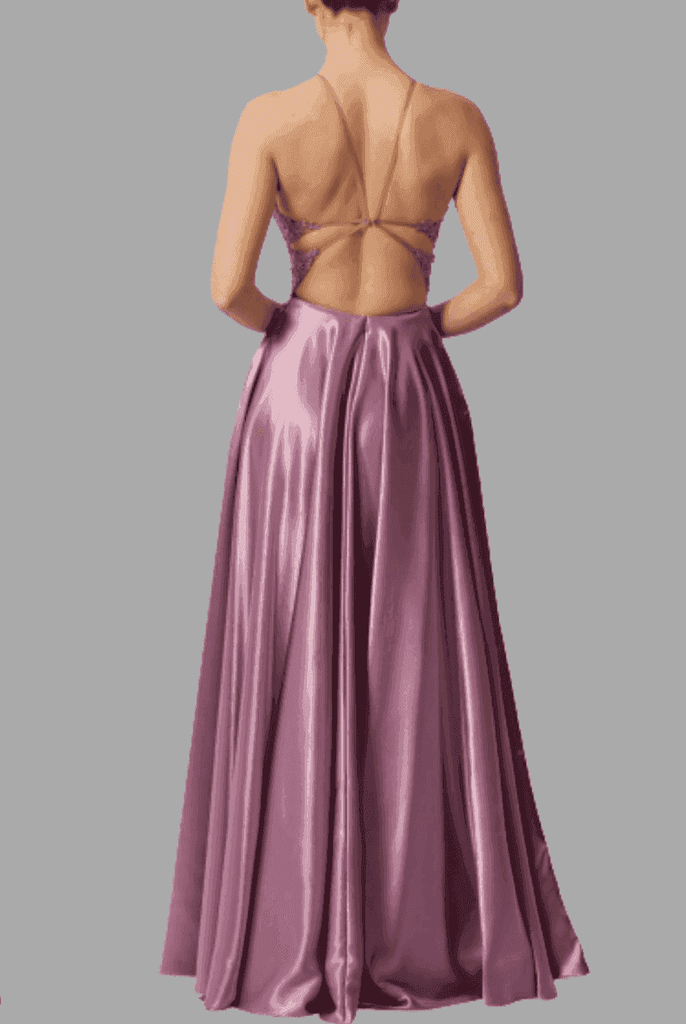 Back view of MC124436 Dress - Mascara Ink Strap Back featuring open back with thin straps and elegant satin finish, perfect for formal events.
