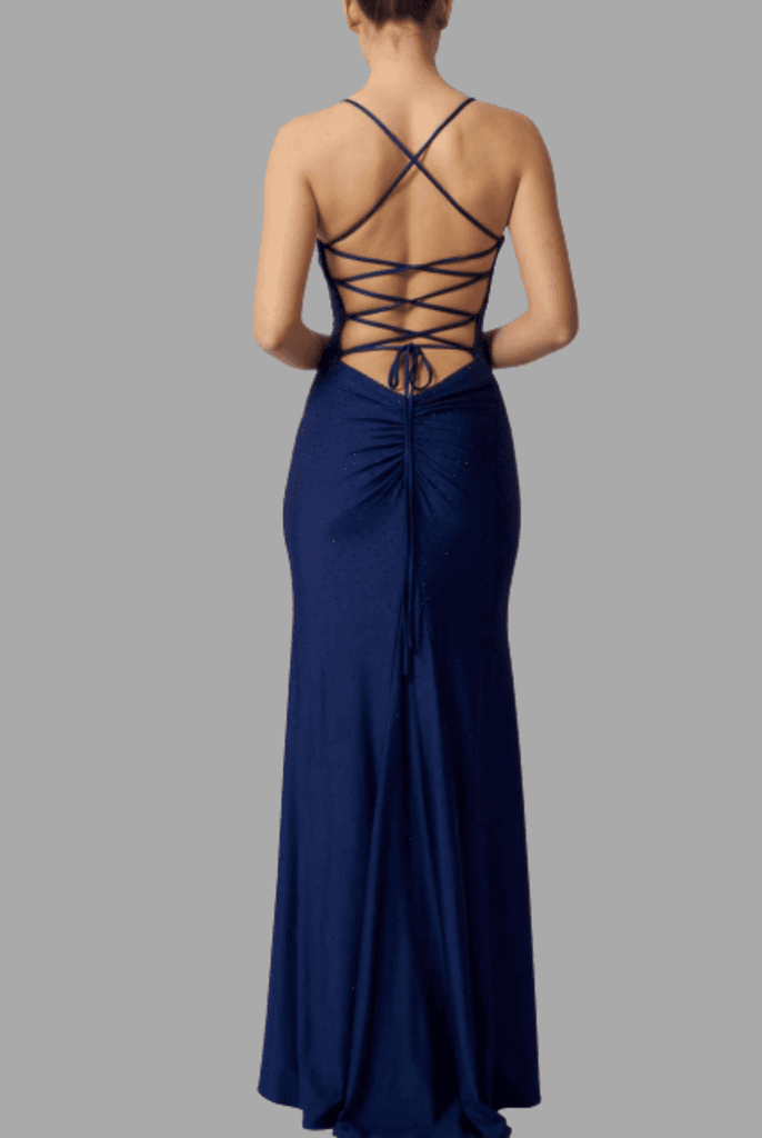 Baby Blue MC11448 fitted prom dress featuring crisscross lace-up open back and ruched detailing, perfect for prom or bridesmaid occasions.