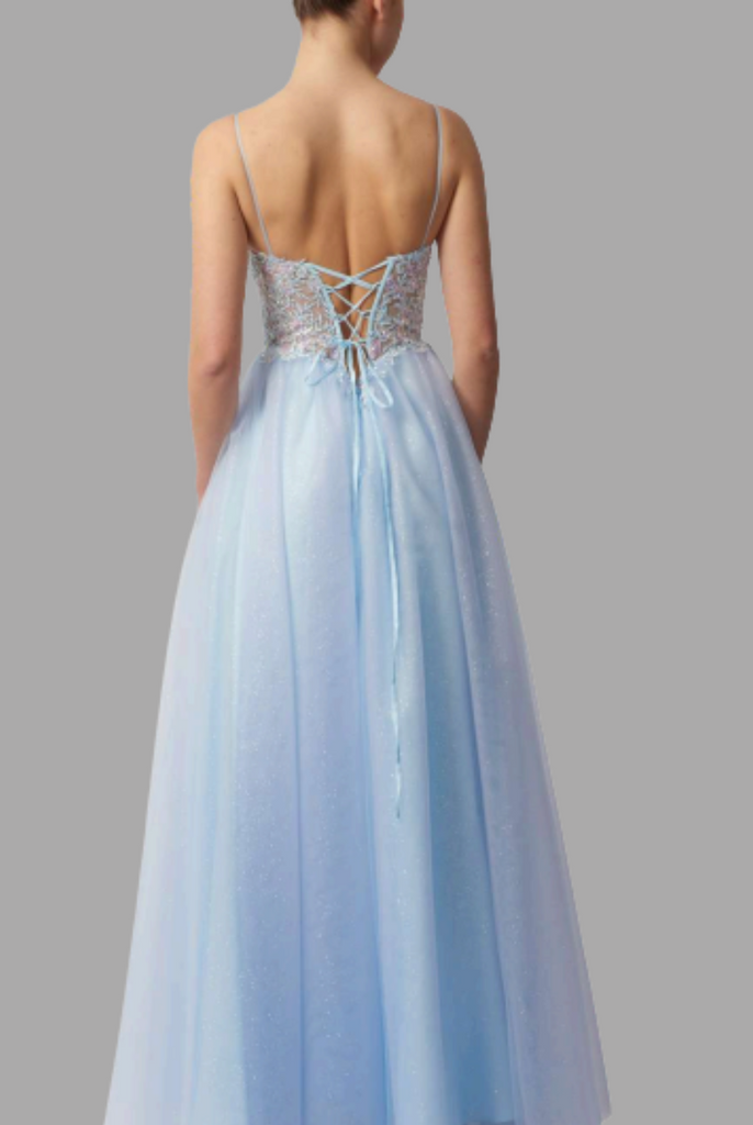 Back view of MC11514 Tulle Mascara prom dress featuring lace-up corset detail and flowing glitter tulle skirt. Perfect for prom or evening wear.