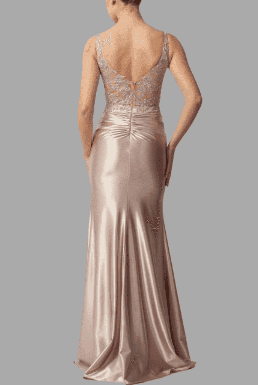 Back view of Mascara Champagne Jersey Dress MC114411 featuring deep V-back and shimmering satin finish, perfect for formal events.