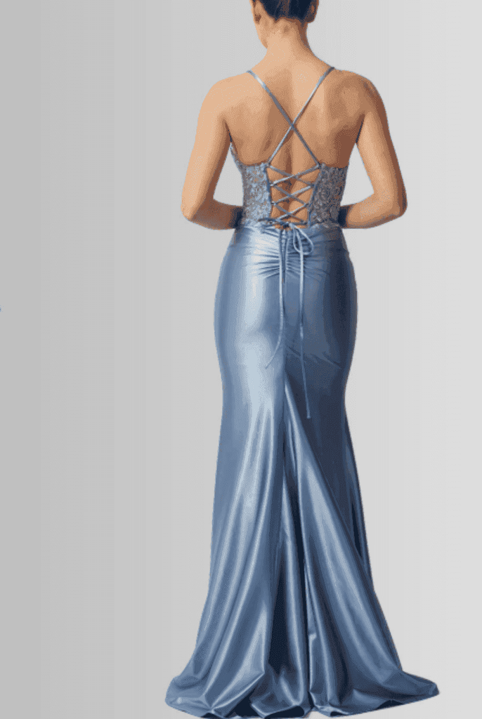 Mascara MC11449 TIE BACK JERSEY in shimmering blue with lace-up back and mermaid silhouette. Stylish & comfortable gown for prom or bridesmaid wear.