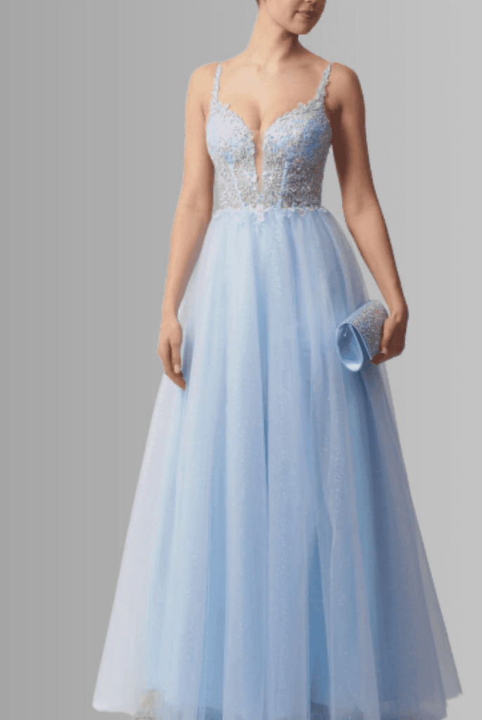 MC11514 Tulle Mascara prom dress in pastel blue with sequin-embellished bodice and plunging neckline. Ideal for bridesmaids or formal events.
