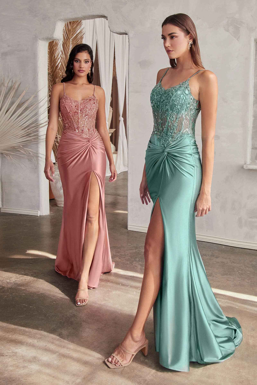 FITTED SATIN GOWN WITH EMBELLISHED BODICE - Robin Blue - CD0176 features a corset-style bodice with intricate beading and a thigh-high slit. Elegant prom or evening dress in satin with a ruched waist and slim fit silhouette.