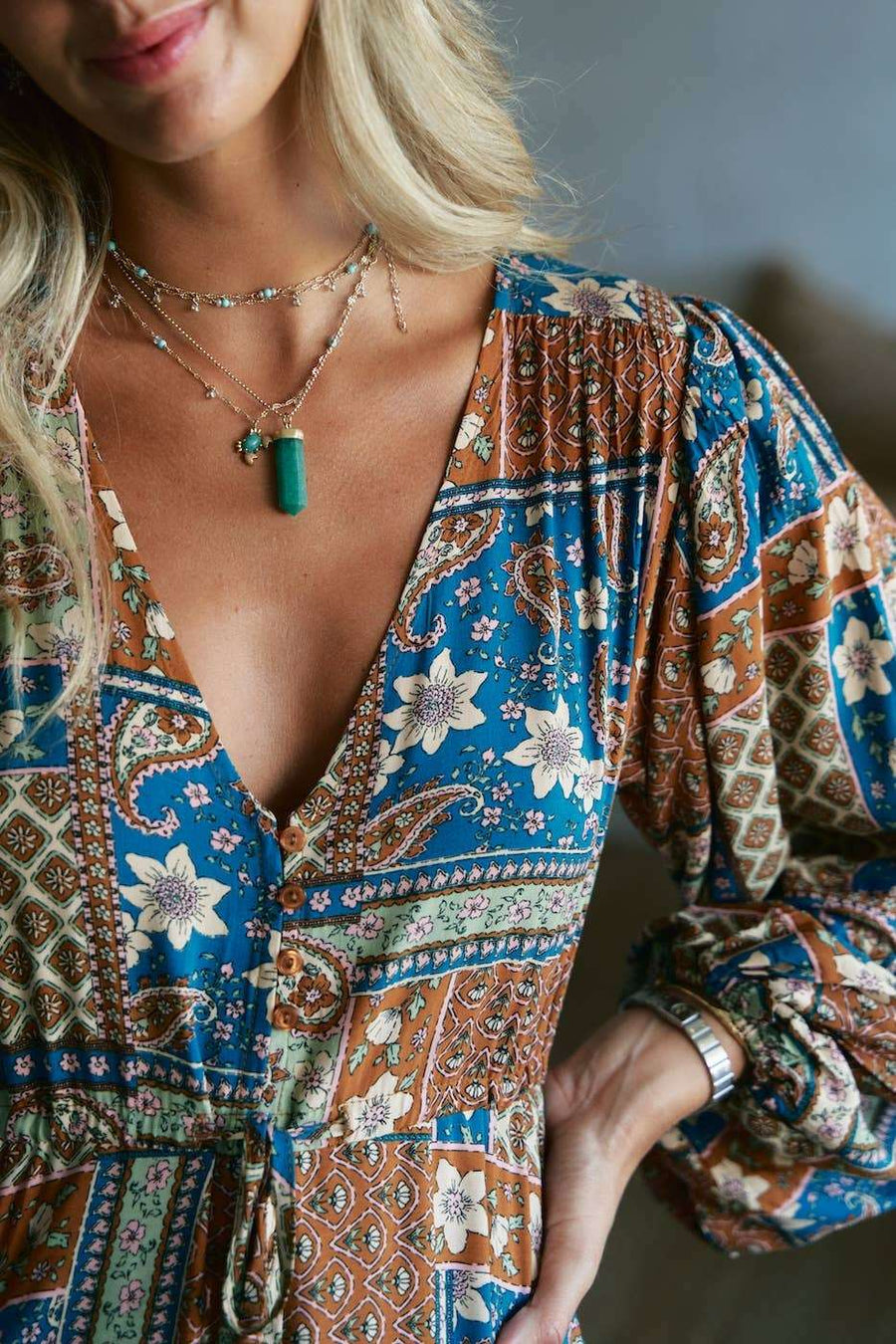 Teresa Maxi Dress - Izabelle Print in blue and brown bohemian floral pattern with deep V-neck and long sleeves. Made from 100% rayon for summer wear.