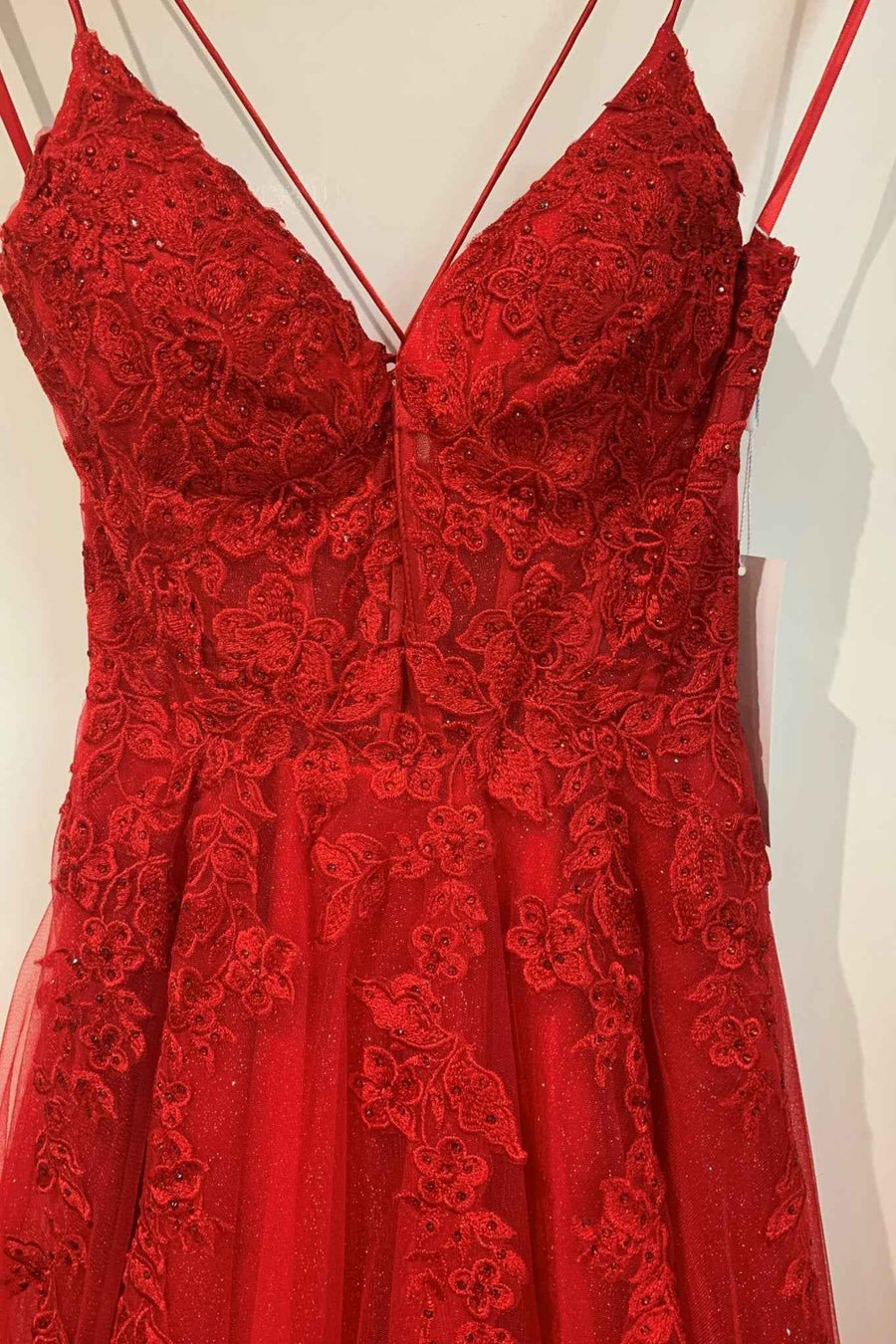 Joy Tulle Ballgown - Red Prom Dress with floral applique and glitter tulle, featuring a deep V-neck and fitted bodice. Ideal for Prom 2025.