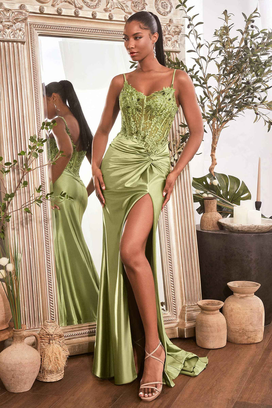 FITTED SATIN GOWN WITH EMBELLISHED BODICE - Robin Blue - CD0176 featuring a green corset bodice, thigh-high slit, and draped satin skirt. Ideal for prom or red carpet events.