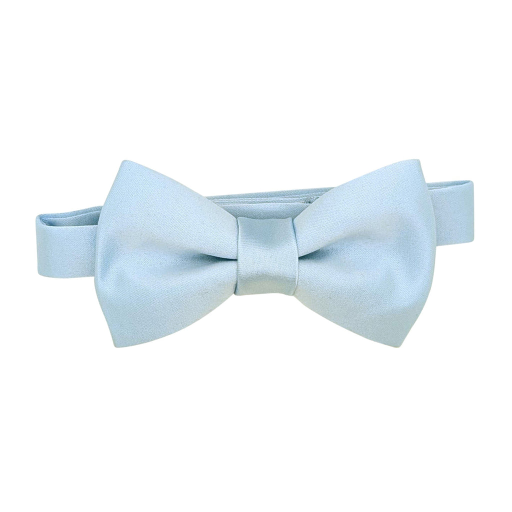 Boys light blue bow tie with adjustable strap, ideal for weddings and formal events. Pre-tied design fits ages 4-12 comfortably.