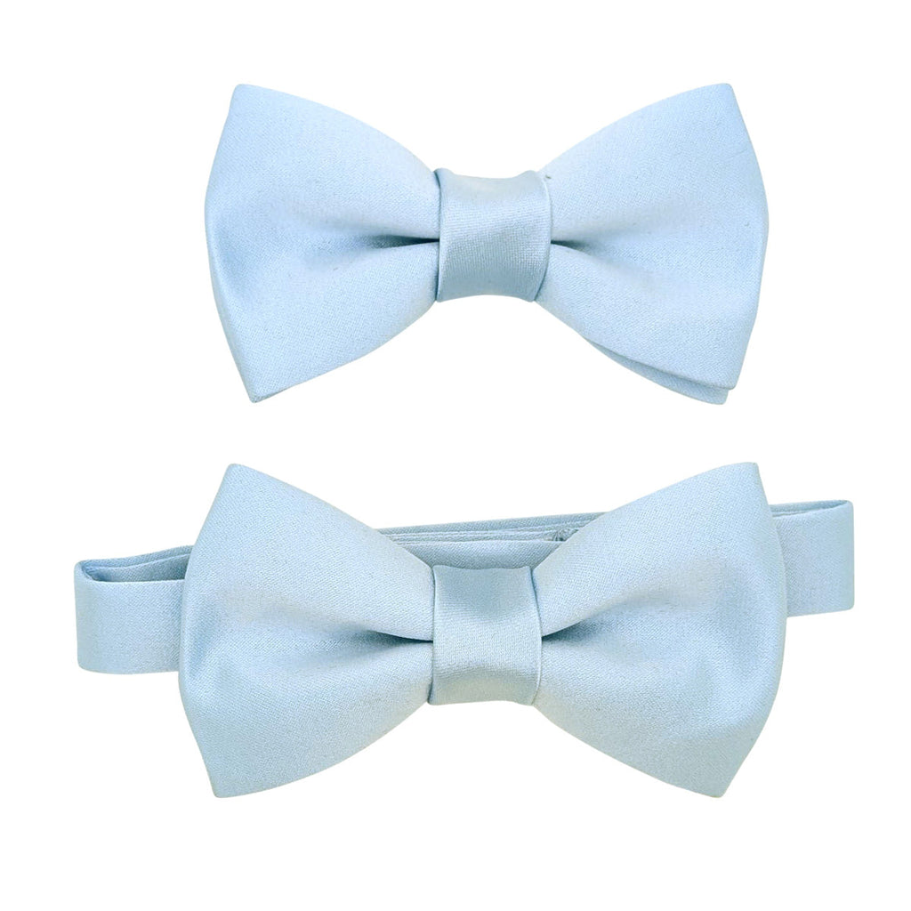 Set of two boys light blue bow ties, one with adjustable strap and one clip-on. Perfect for weddings and special occasions.