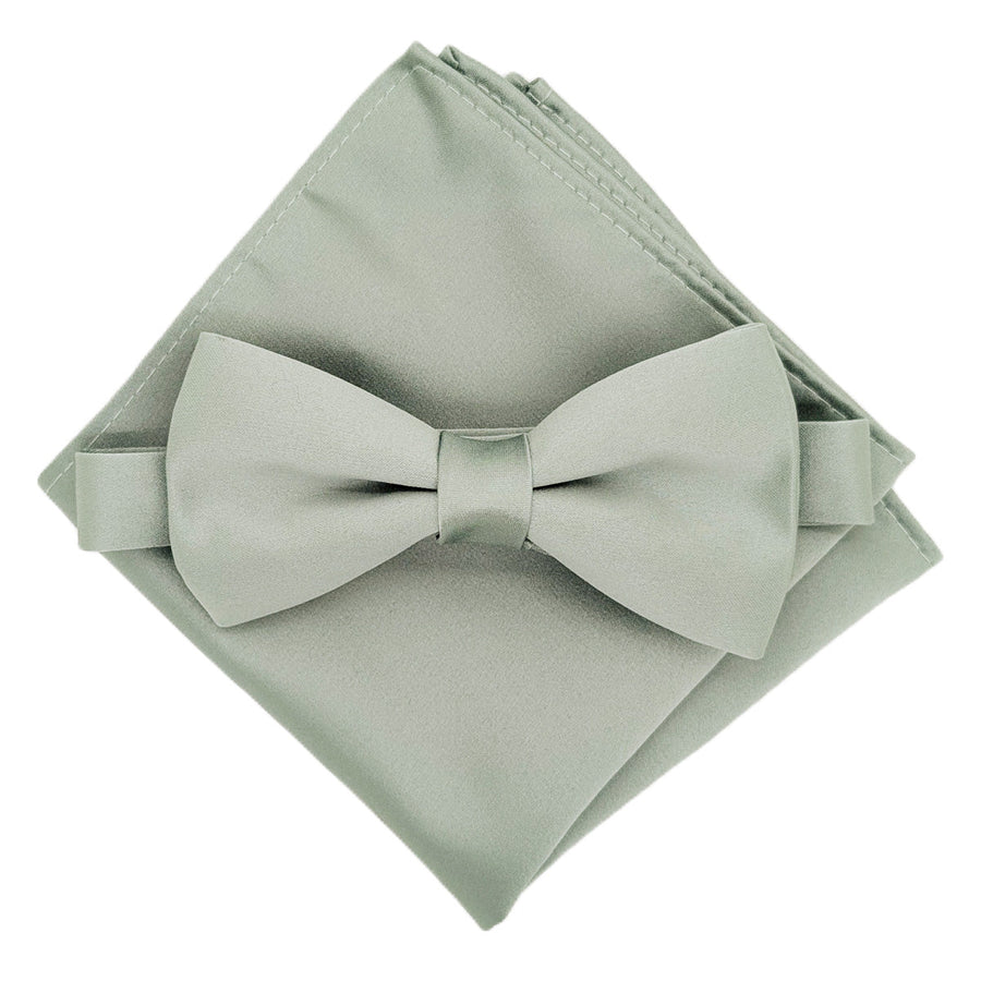 Seagrass Bow Tie with matching pocket square in sage green, perfect for groomsmen. Handmade and available in pre-tied style.