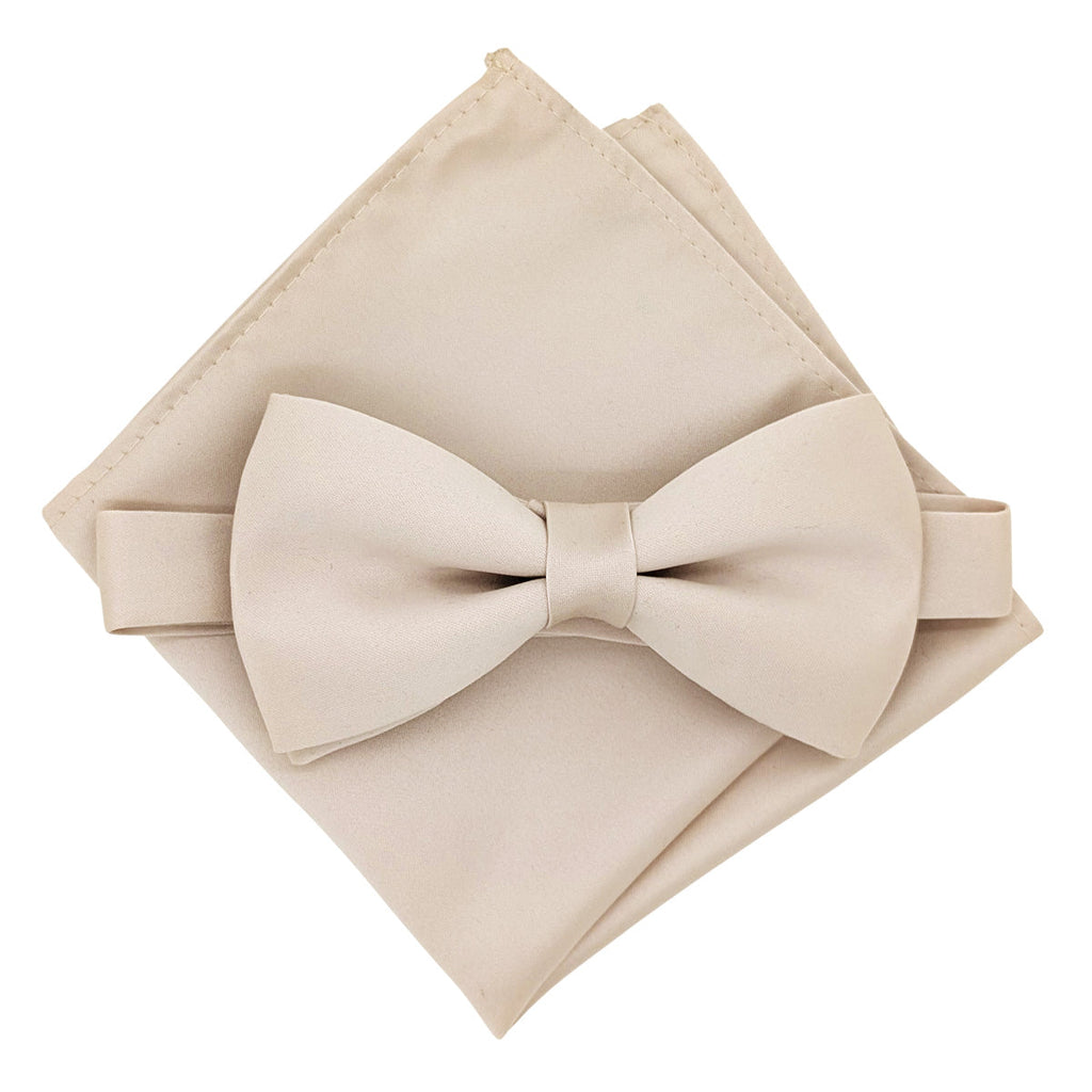 Antique Champagne Bow Tie - Wedding Accessory | Handmade, Adjustable bow tie paired with matching pocket square, perfect for groomsmen or formal events.