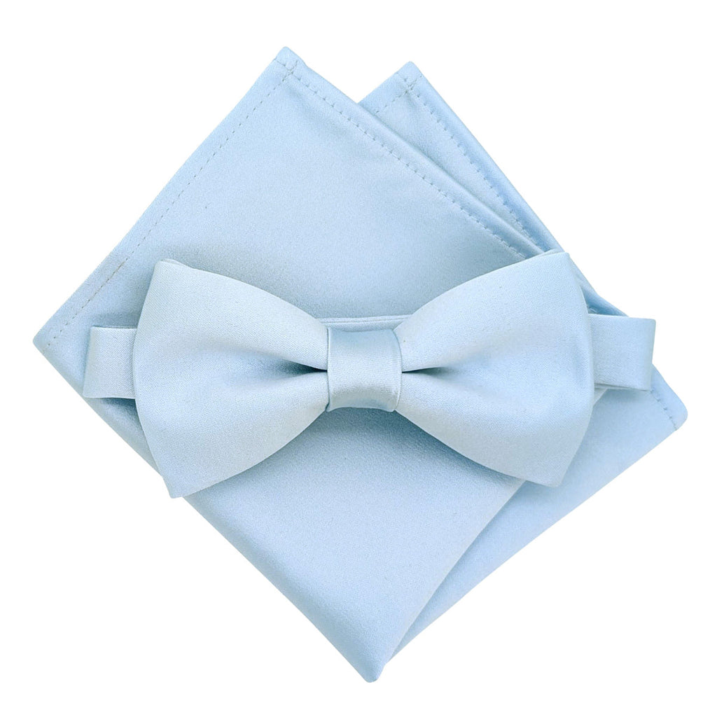 Light Blue Bow Tie - Wedding Accessory | Handmade, Adjustable with matching pocket square, perfect for coordinated wedding outfits.