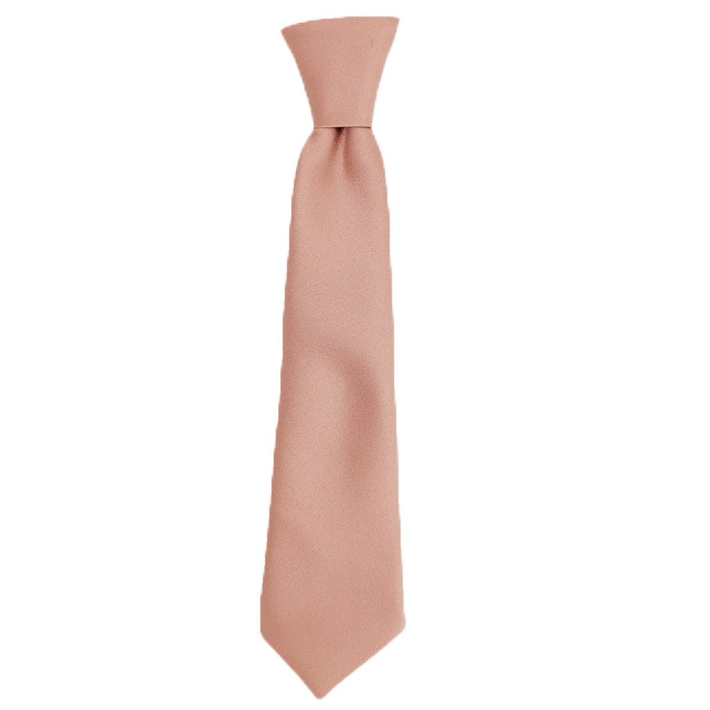 Taupe boys tie in plain polyester with a pre-tied knot, ideal for ages 5 to 12. Available in self-tie and elasticated styles for kids.