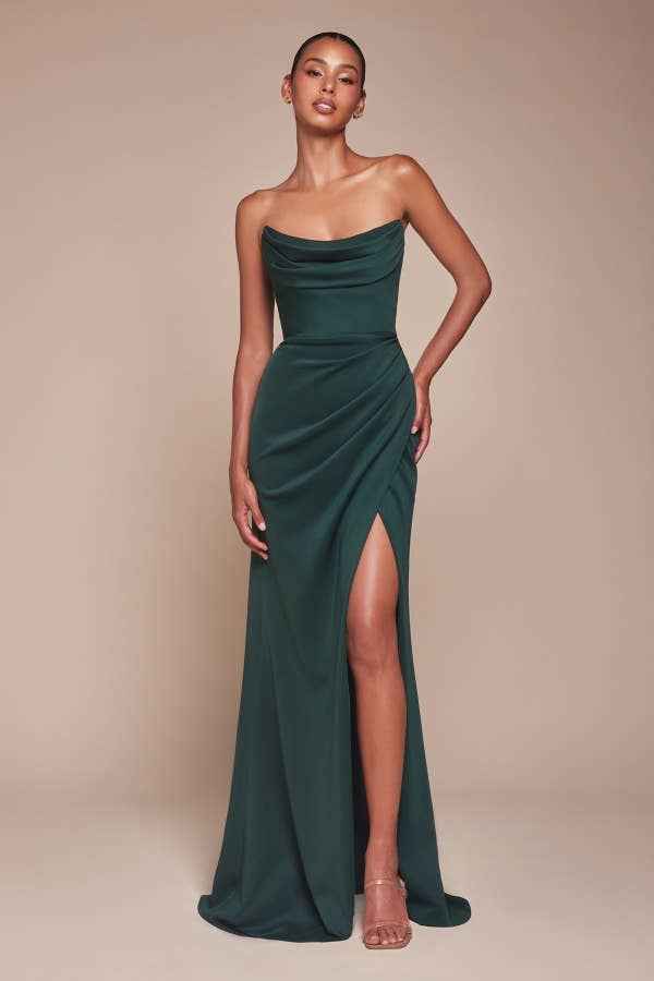 Ladivine CD366 Strapless Jersey Gown in emerald green with a gathered waist and elegant slit, perfect for bridesmaids and evening wear.