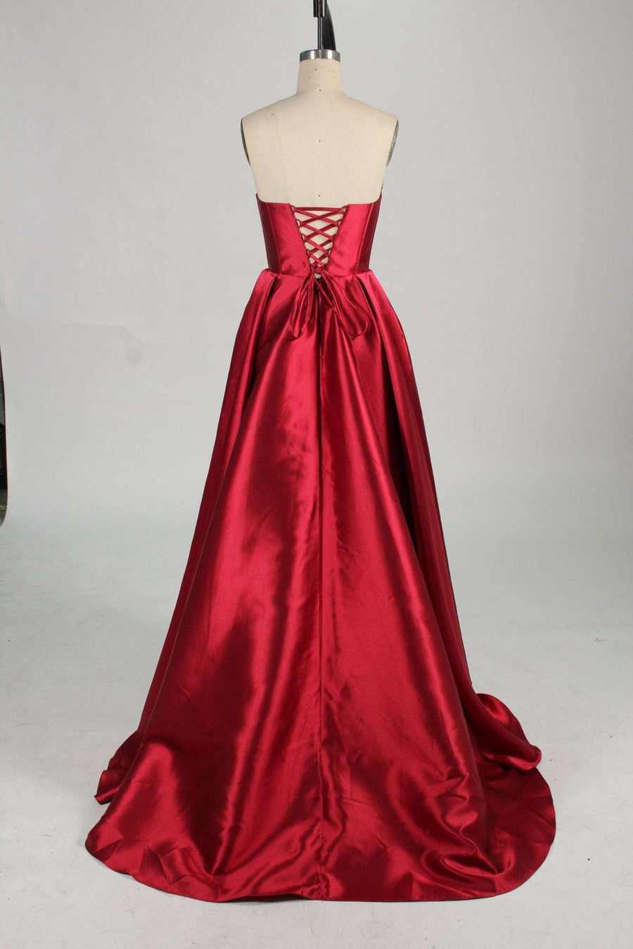 Carmen ball gown lace-up back detail in wine red satin