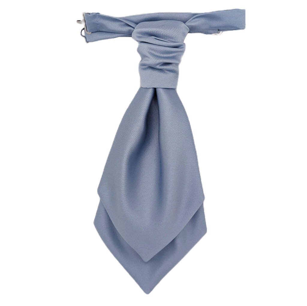 Boys blue wedding cravat in smokey blue with layered ascot tie design. Handmade with adjustable strap for perfect fit in children's formalwear.