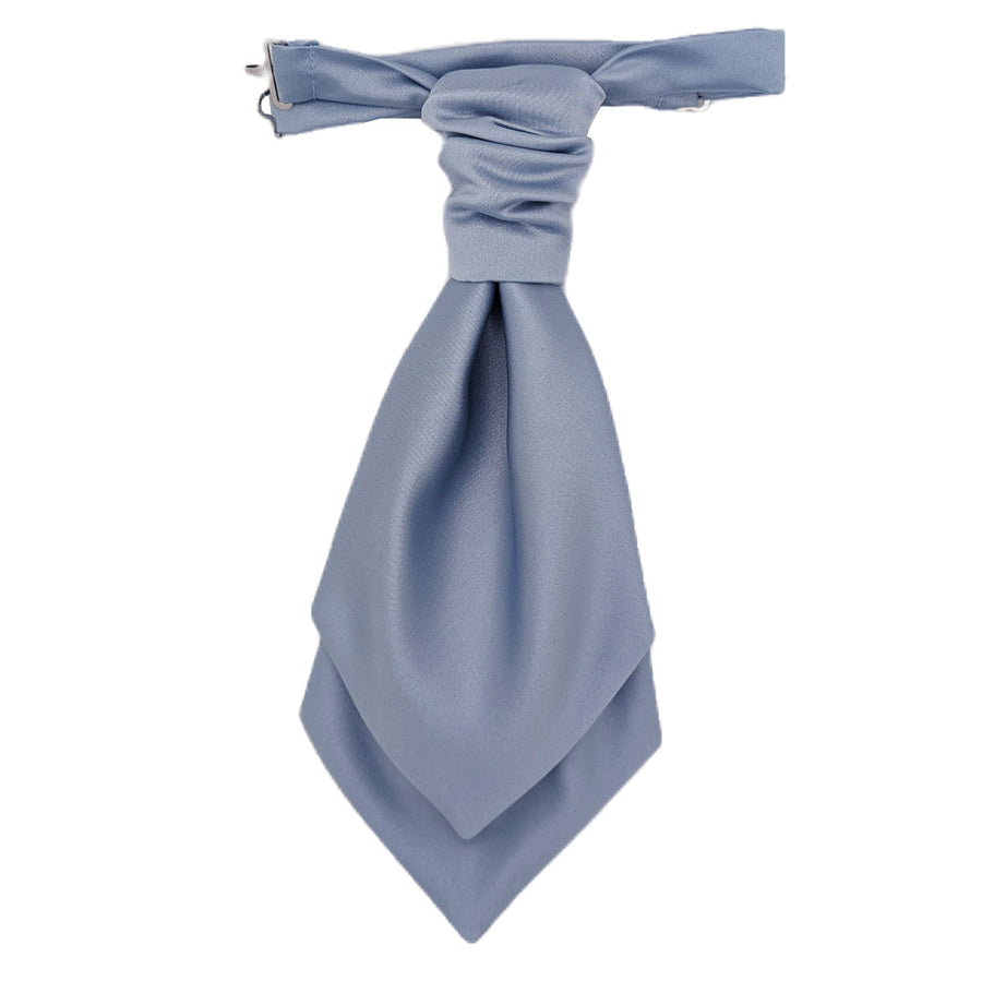 Boys blue wedding cravat in smokey blue with layered ascot tie design. Handmade with adjustable strap for perfect fit in children's formalwear.