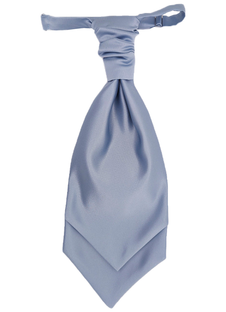 Smokey Blue Wedding Cravat in handmade ascot style with a smooth satin finish, ideal for groomsmen or formal wedding attire.