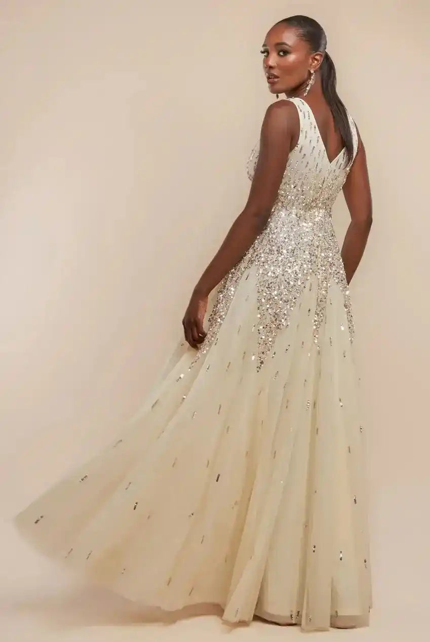 Goddiva Sequin Ombre Maxi Dress in blush pink with hand-embellished sequins and A-line sleeveless design, ideal for evening or formal events.