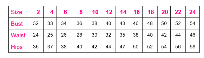 Size chart for Platinum Prom Dress DD1238 showing bust, waist, and hips measurements for sizes 2 to 24. Ideal for fitted long formal dresses.