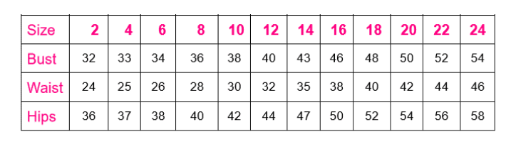 Size chart for Platinum Prom Dress DD1238 showing bust, waist, and hips measurements for sizes 2 to 24. Ideal for fitted long formal dresses.