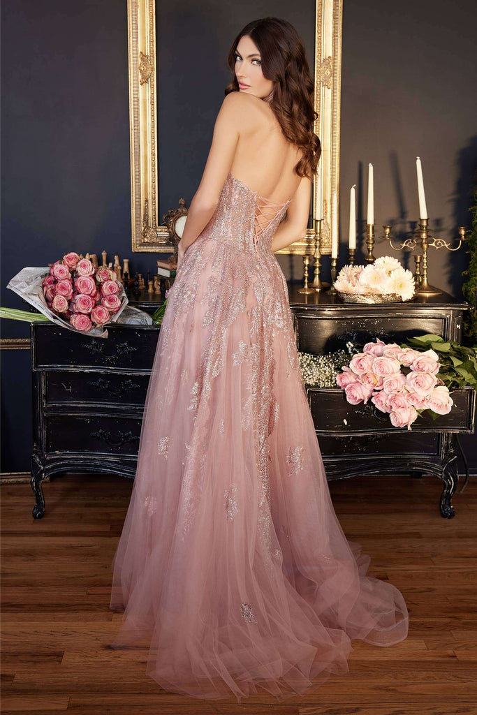 Strapless tulle ball gown in dusty rose with glitter lace corset and layered skirt, ideal for prom, weddings, or red carpet events.