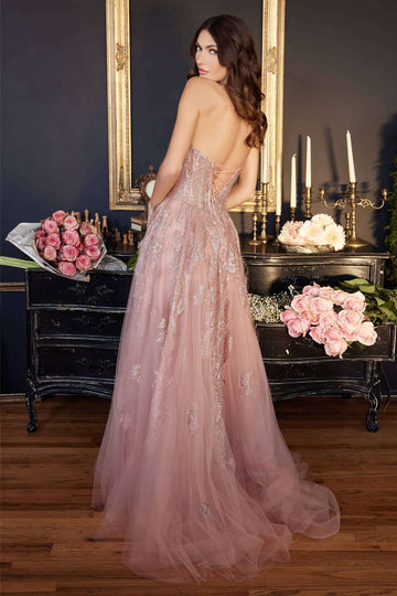 Strapless tulle ball gown in dusty rose with glitter lace corset and layered skirt, ideal for prom, weddings, or red carpet events.