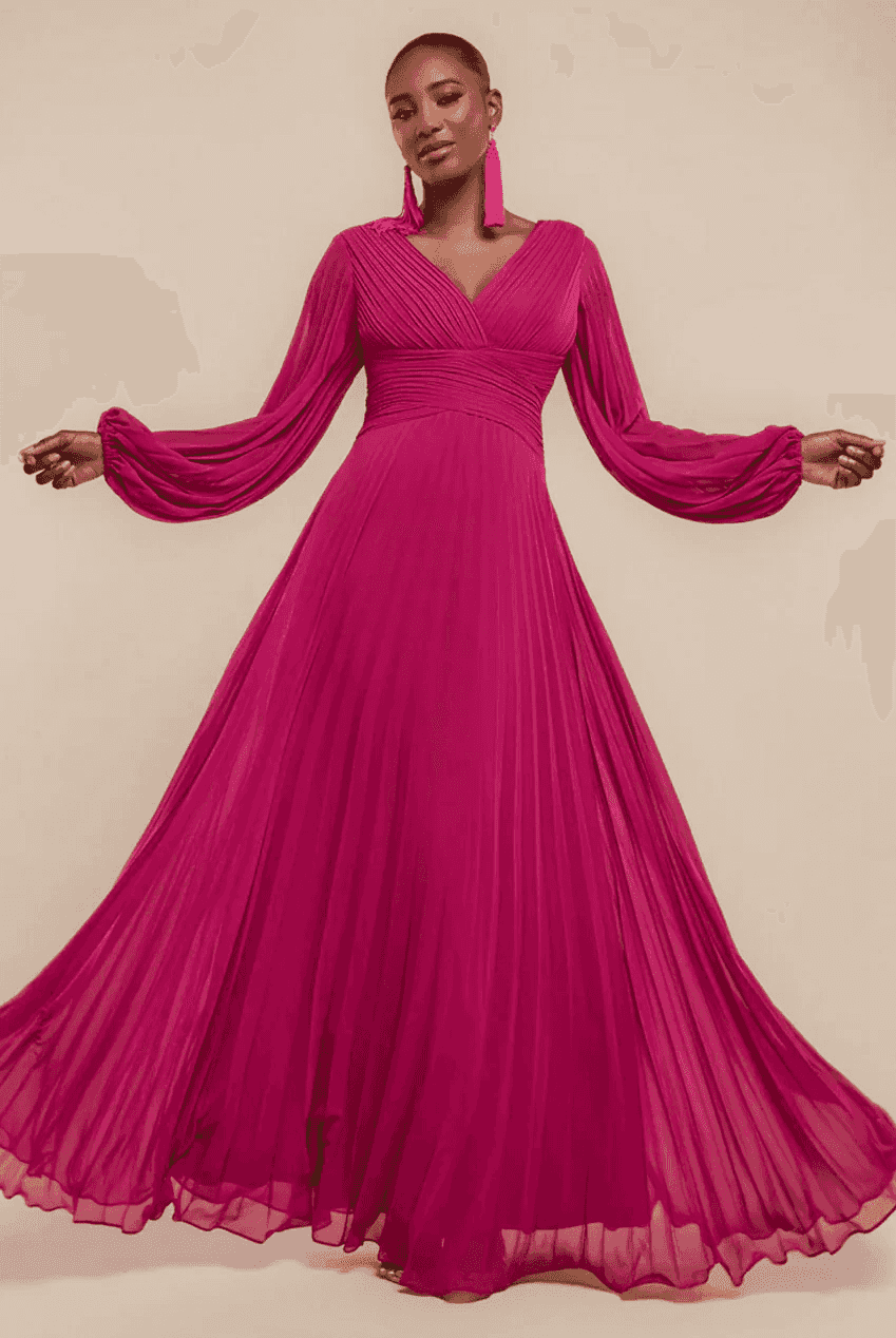 Goddiva Chiffon Maxi Dress in Pink with pleated skirt and balloon sleeves, perfect for bridesmaids or evening events.
