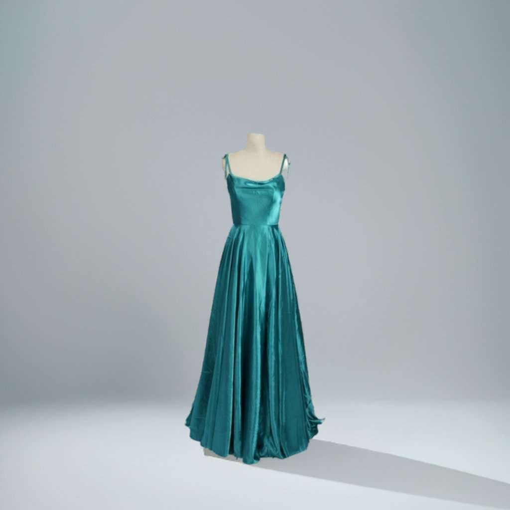 Abby Teal Ballgown in satin with tie-up straps and flowing skirt. Elegant formal dress with pockets, ideal for prom, weddings, or evening events.