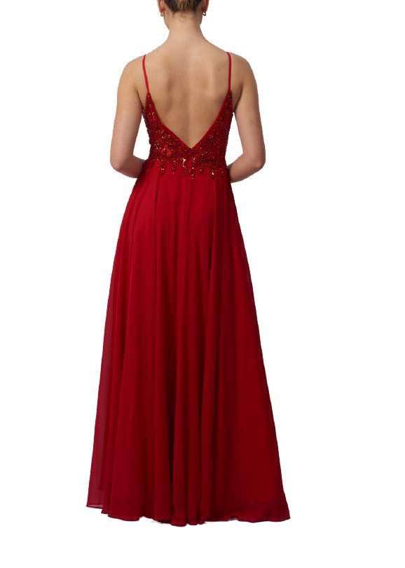 Back view of Mascara London MC19422 Navy Chiffon Bridesmaid Dress in red, showcasing deep V-back and elegant chiffon drape for weddings or galas.