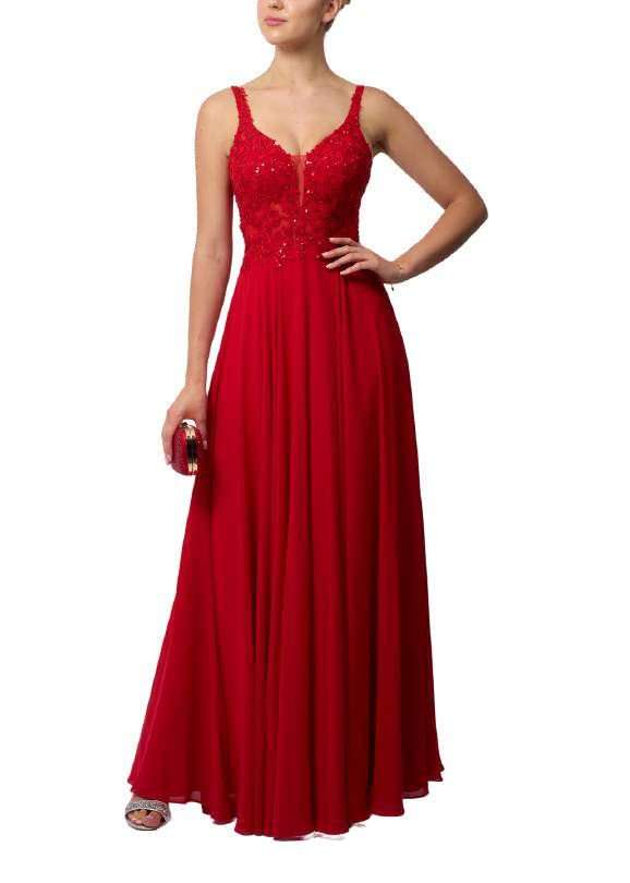 Front view of Mascara London MC19422 Navy Chiffon Bridesmaid Dress in red, featuring a beaded bodice and flowing chiffon skirt for formal events.