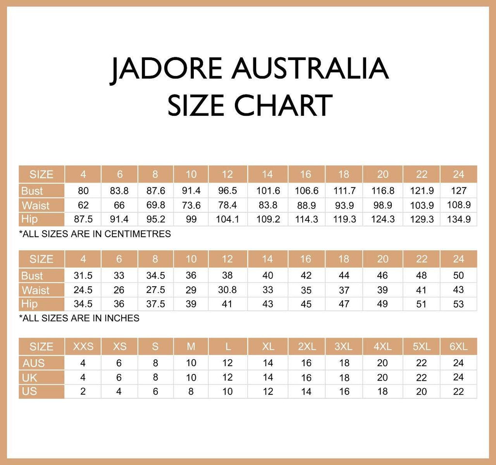 Jadore Australia size chart for dresses showing bust, waist, and hip measurements in centimeters and inches for sizes 4 to 24.